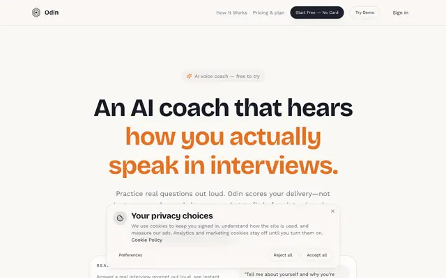 Screenshot of An AI Coach That Hears How You Speak — Odin Interview Prep