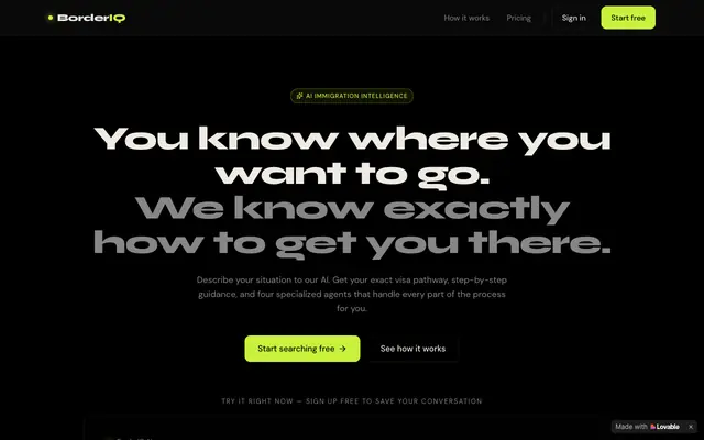 Screenshot of BorderIQ — AI immigration intelligence, your exact pathway