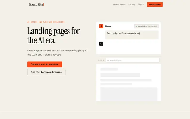 Screenshot of BroadSite — Landing pages, shipped from your AI chat
