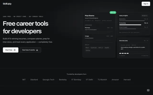 Screenshot of SkillUply — Free AI Resume Builder, Cover Letter Generator & Career Tools