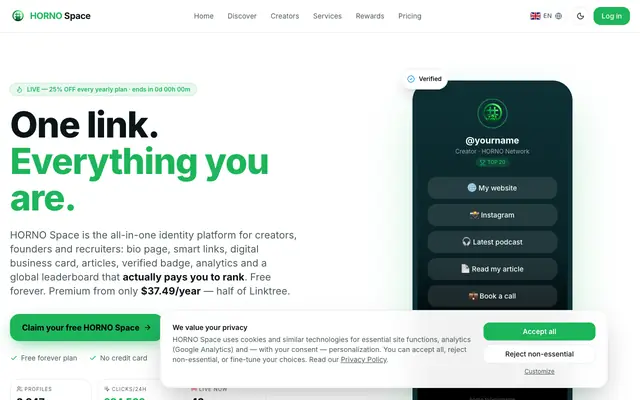 Screenshot of HORNO Space — Free Link-in-Bio, Link Shortener, Digital Business Card & Bio Page