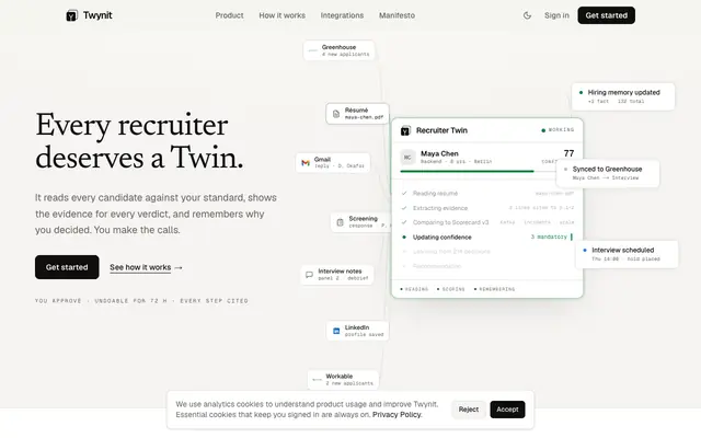 Screenshot of Twynit — every recruiter deserves a Twin