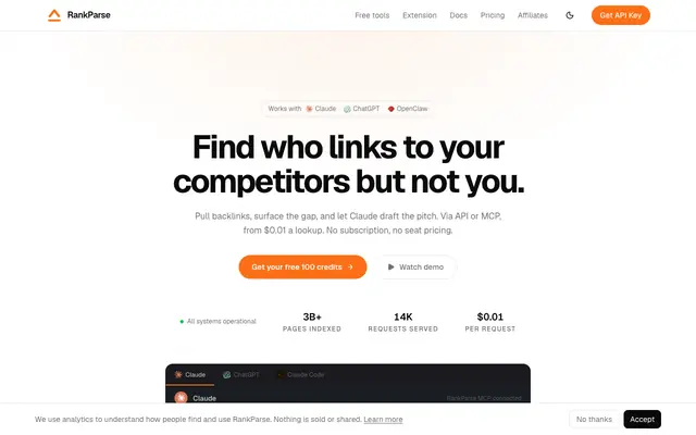 Screenshot of Backlink data for any domain. Pay per lookup — RankParse