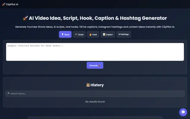 Screenshot of ClipPilot AI – Viral Ideas, Scripts, Hooks, Captions & Hashtags Generator