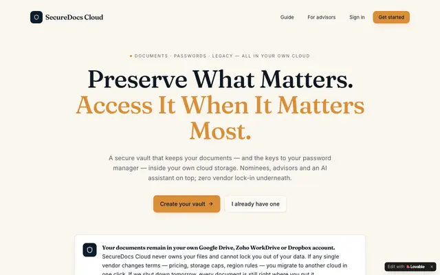Screenshot of SecureDocs Cloud — Preserve what matters. Access it when it matters most.