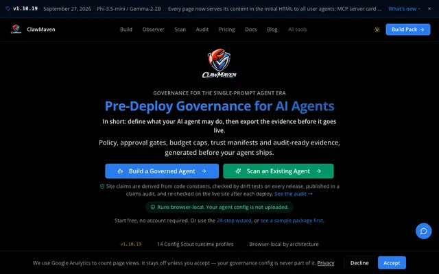 Screenshot of ClawMaven — The Governance Intelligence Layer for AI Agents
