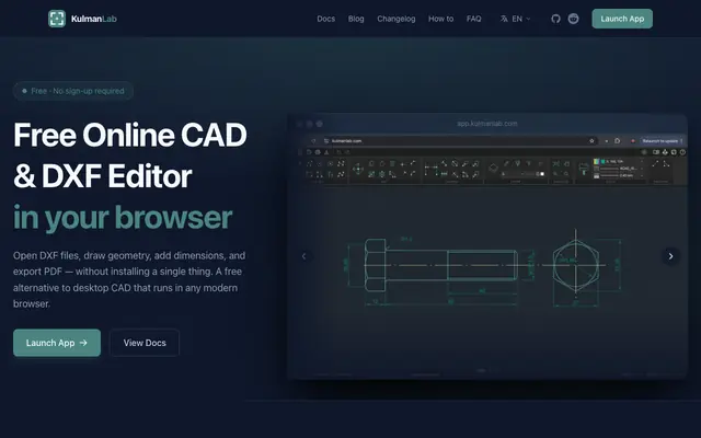 Screenshot of Free Online CAD Editor — Draw, Edit and Export DXF Files in Your Browser