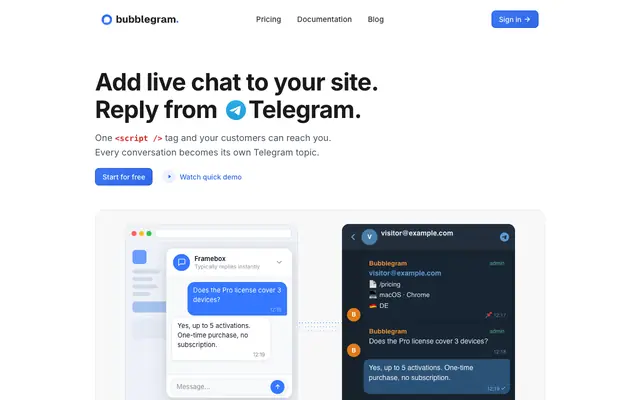 Screenshot of Bubblegram | Telegram-powered live chat widget