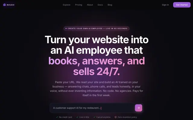Screenshot of BuildAI — Create Your Own AI Employee in 60 Seconds (No Code)