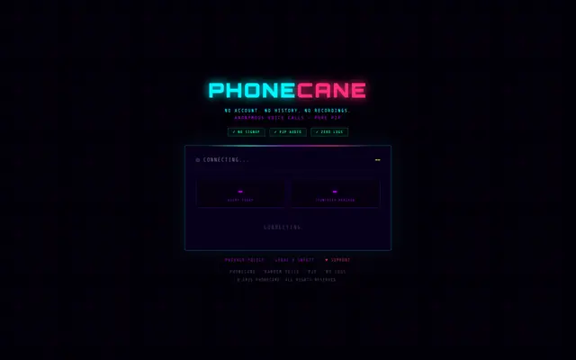 Screenshot of PhoneCane — Anonymous Voice Chat. No Account. No Signup. Talk to Strangers.