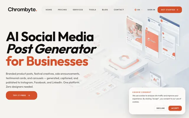 Screenshot of AI Social Media Post Generator - Plan, Design, Write & Publish | Chrombyte