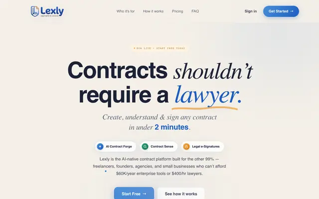 Screenshot of Lexly — Create, Understand & Sign Any Contract with AI