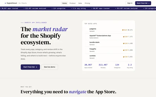 Screenshot of SignalScout — Shopify App Store Intelligence | SignalScout