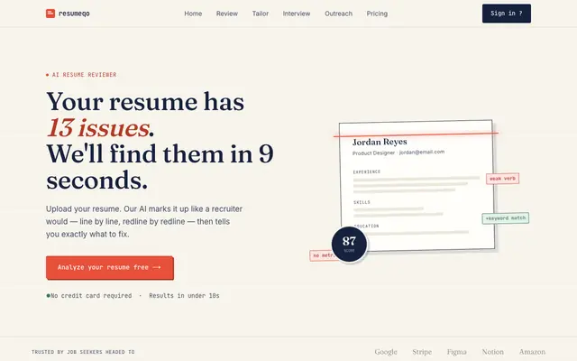 Screenshot of Resumeqo — Get your resume reviewed in seconds
