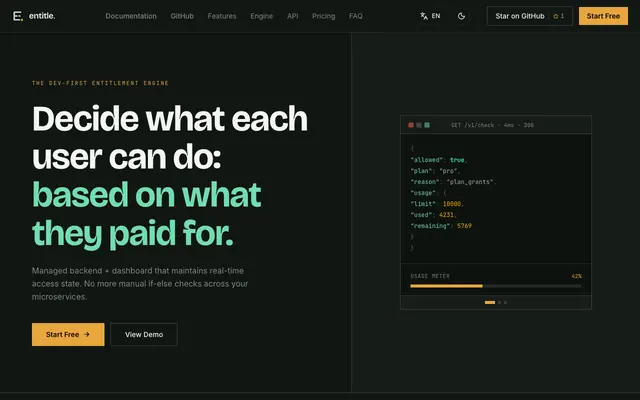 Screenshot of Entitle — The Dev-First Entitlement Engine