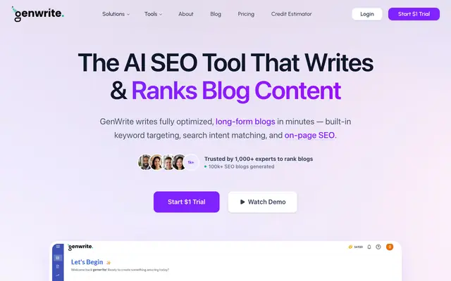 Screenshot of Best AI SEO Tool for Content & Blog Writing | GenWrite