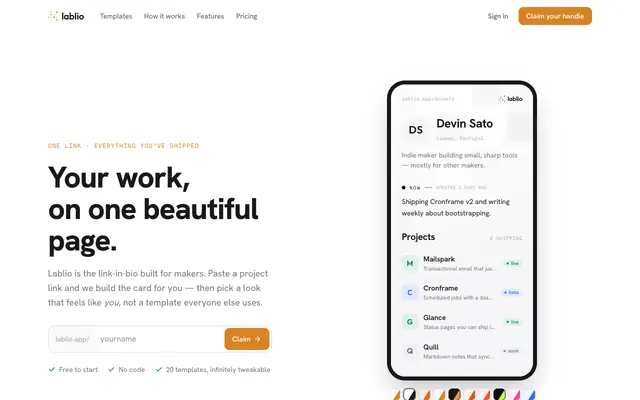 Screenshot of Lablio — one link, here's what you're working on