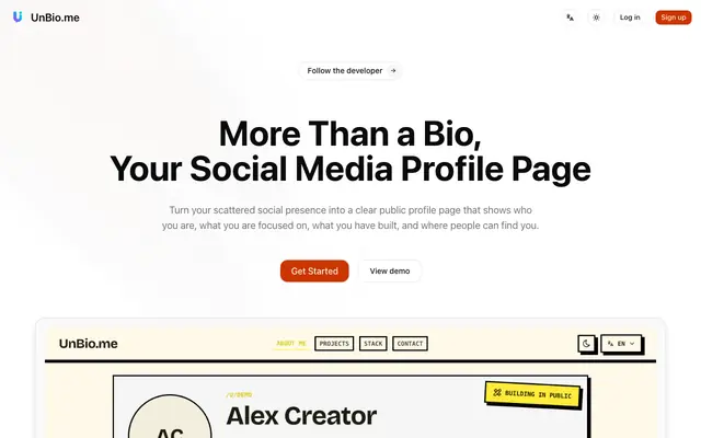 Screenshot of UnBio - More Than a Bio, Your Social Media Profile Page