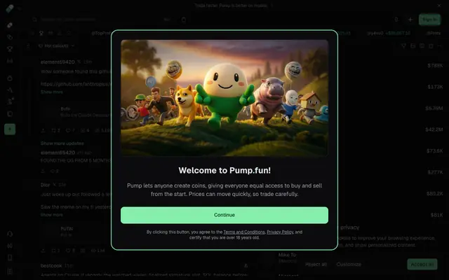 Screenshot of Pump.fun — Launch and trade memecoins on Solana