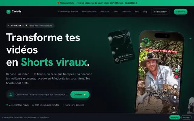 Screenshot of Créatis — Générateur de contenu YouTube IA en français | Titres, Scripts, Miniat