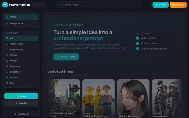 Screenshot of Free AI Prompt Generator - Create ChatGPT Claude Gemini Prompts Online | ProProm