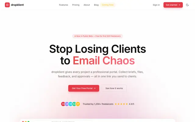 Screenshot of dropklient — The Client Portal Built for Freelancers