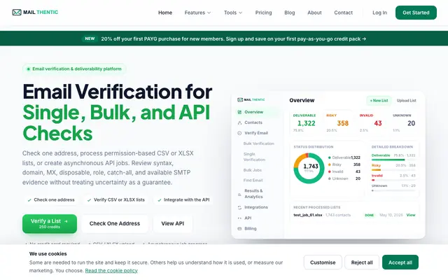 Screenshot of Email Verification & Deliverability Platform | Mailthentic