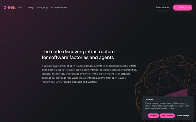 Screenshot of GitHits - Version-aware index for public open-source code and packages