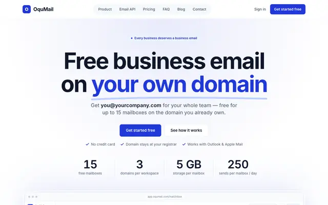 Screenshot of Free Business Email on Your Own Domain — OquMail