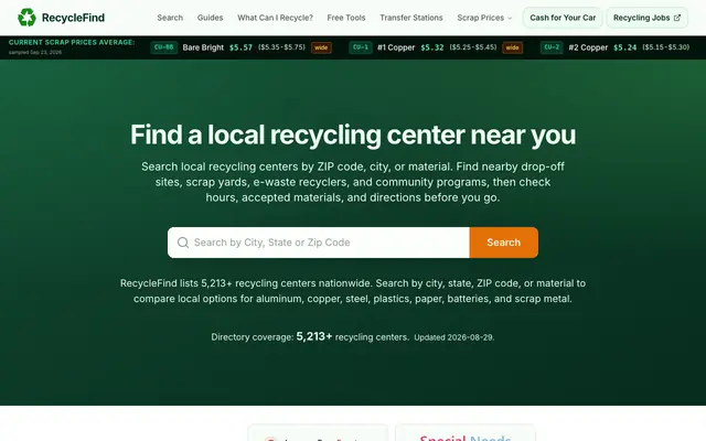 Screenshot of Find Local Recycling Centers: 3,500+ Locations | RecycleFind