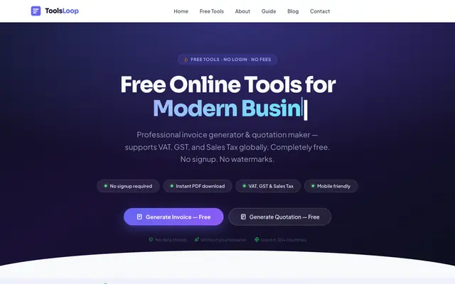 Screenshot of ToolsLoop — Free Business Tools for Freelancers Worldwide