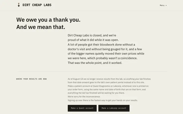 Screenshot of Dirt Cheap Labs, lab tests without a doctor