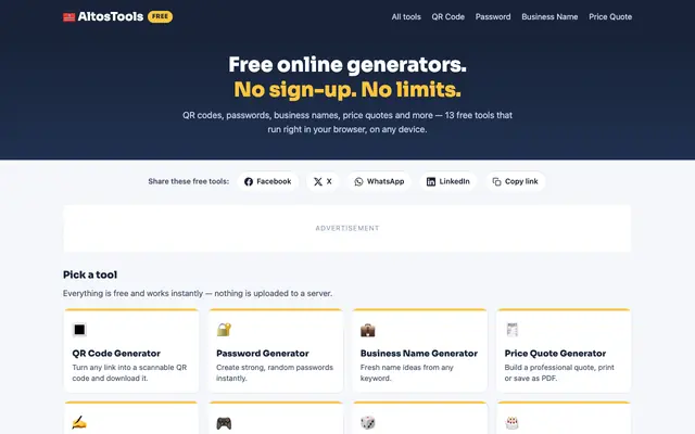 Screenshot of AltosTools — Free QR Code, Password, Business Name & Quote Generators