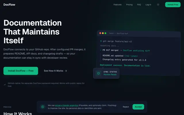 Screenshot of Home — AI Code Documentation Generator | DocFlow