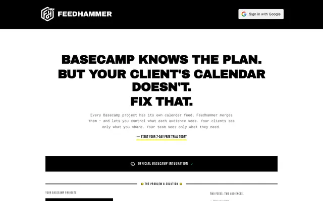 Screenshot of FEEDHAMMER — Basecamp Calendar Sync