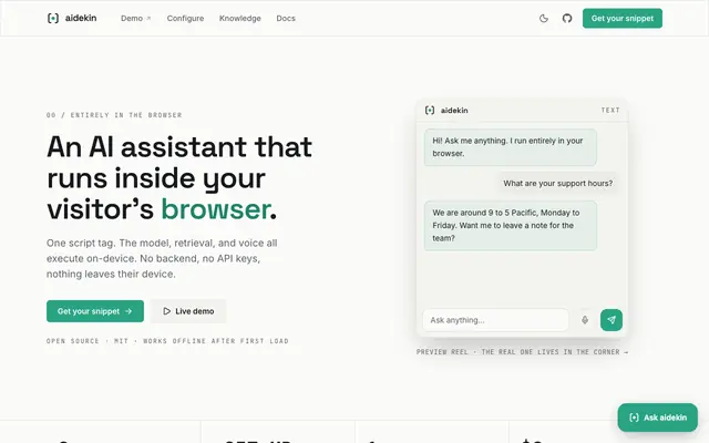 Screenshot of aidekin: an AI assistant that runs inside your visitor’s browser