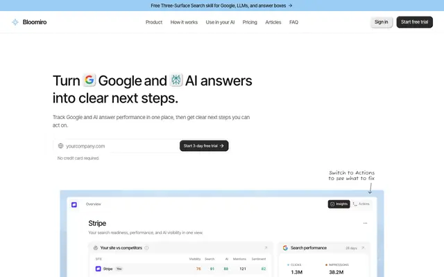 Screenshot of Bloomiro | SEO and AI Search Visibility Platform