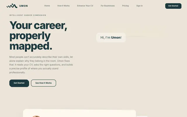 Screenshot of Umon maps your skills, builds your CV, and preps you for the job