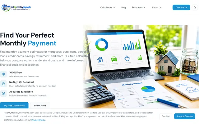 Screenshot of Free Financial Calculators | FindMyMonthlyPayments.com