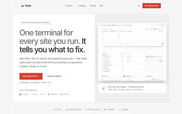 Screenshot of fleets — multi-site analytics terminal + CLI for your AI agent.