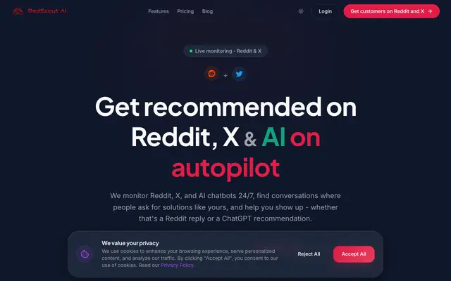 Screenshot of RedScout AI | Reddit & X (Twitter) Lead Generation — Find Customers 24/7
