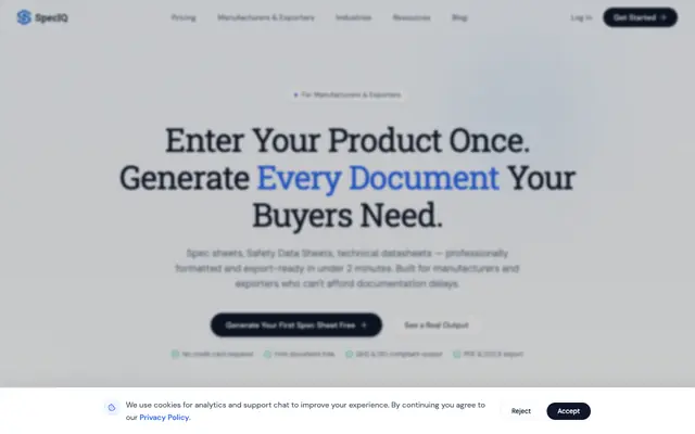 Screenshot of AI Spec Sheet Generator for Manufacturers & Exporters | SpecIQ | SpecIQ