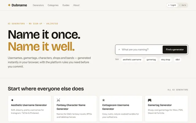 Screenshot of Dubname — Free name & username generators for creators, gamers and makers.