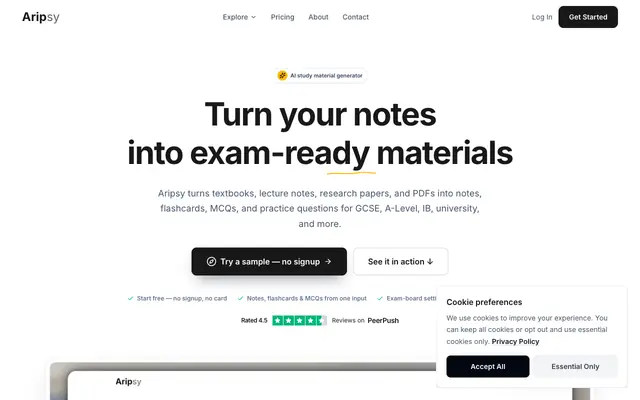 Screenshot of Aripsy – AI Study Tool | Exam-Ready Notes, Flashcards & Quizzes