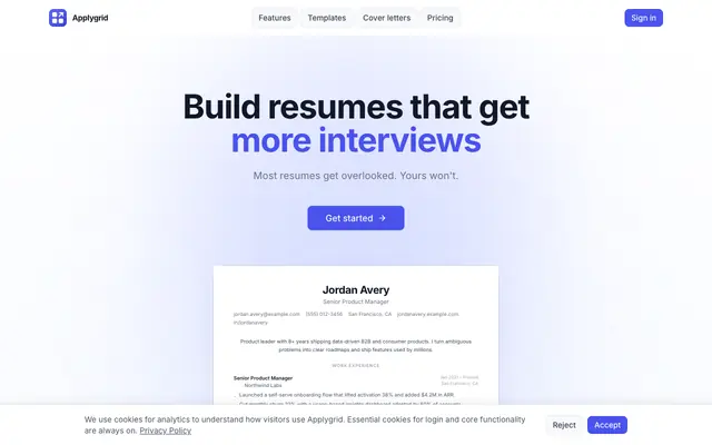 Screenshot of Applygrid – ATS Resume Builder & AI Cover Letter Generator