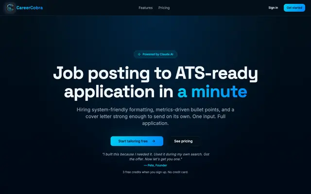 Screenshot of CareerCobra — AI Resume Tailoring & Cover Letters