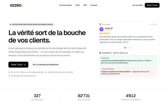 Screenshot of ozzeo — Pilotage de réputation et performance Google multi-fiches