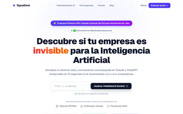 Screenshot of SignalDeal — El Radar de Invisibilidad y Posicionamiento AEO para IAs
