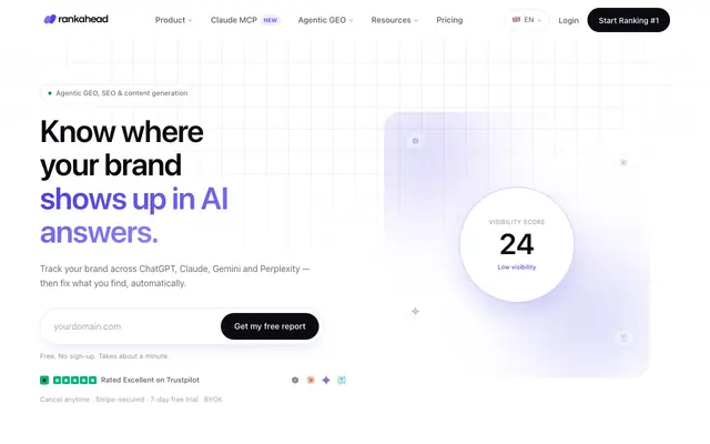 Screenshot of Rankahead — Agentic GEO, SEO and Content Generation