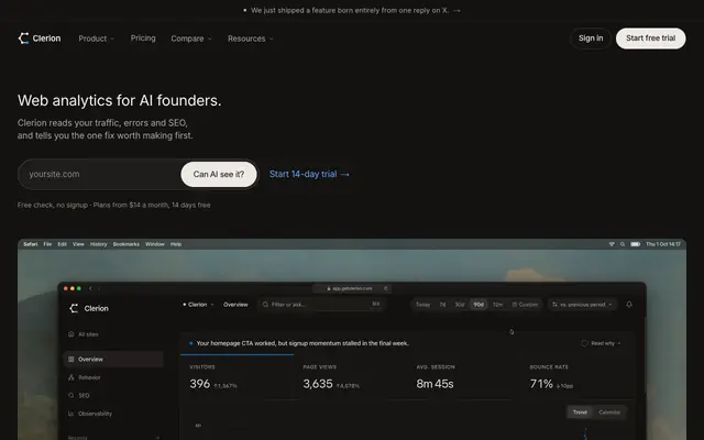 Screenshot of Clerion - The AI Google Analytics alternative